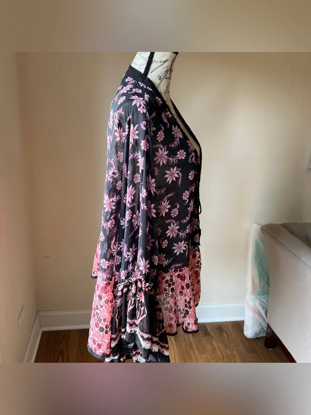 NEW Free People Lola Mixed Print Kimono Black Floral Sz M